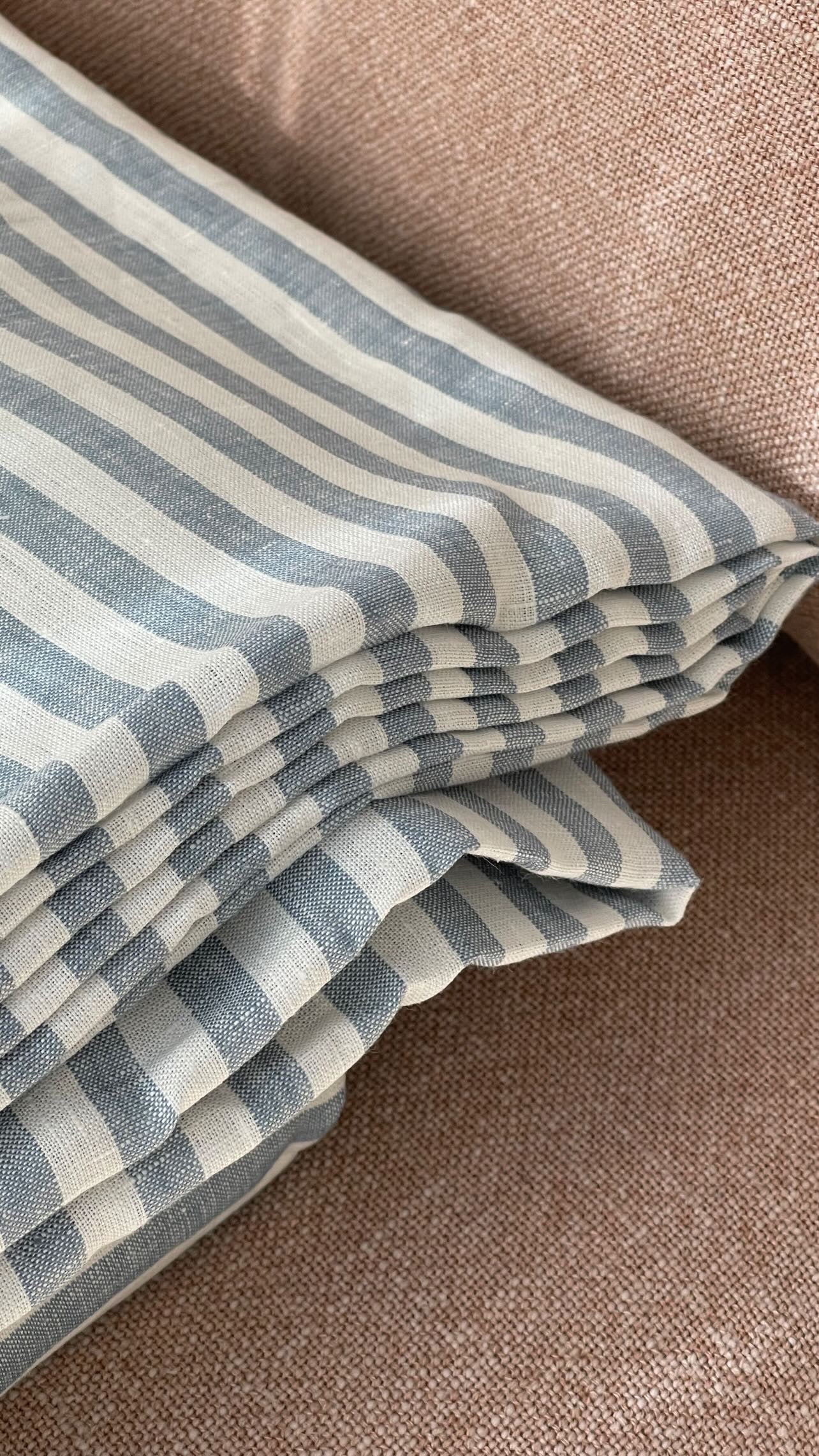 Pinstripe French Linen Tablecloth - Blue / White