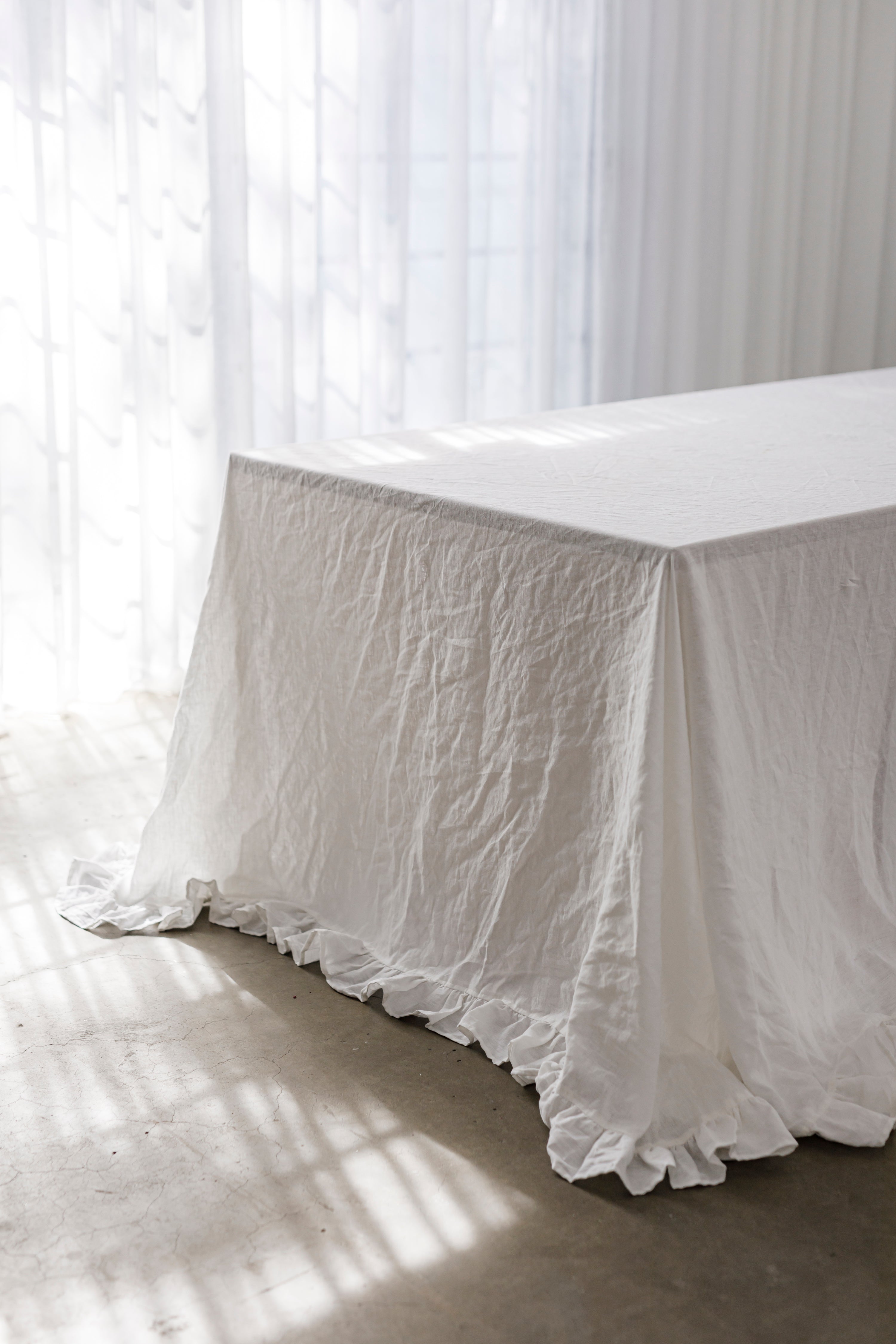 Ruffled French Linen Tablecloths - White