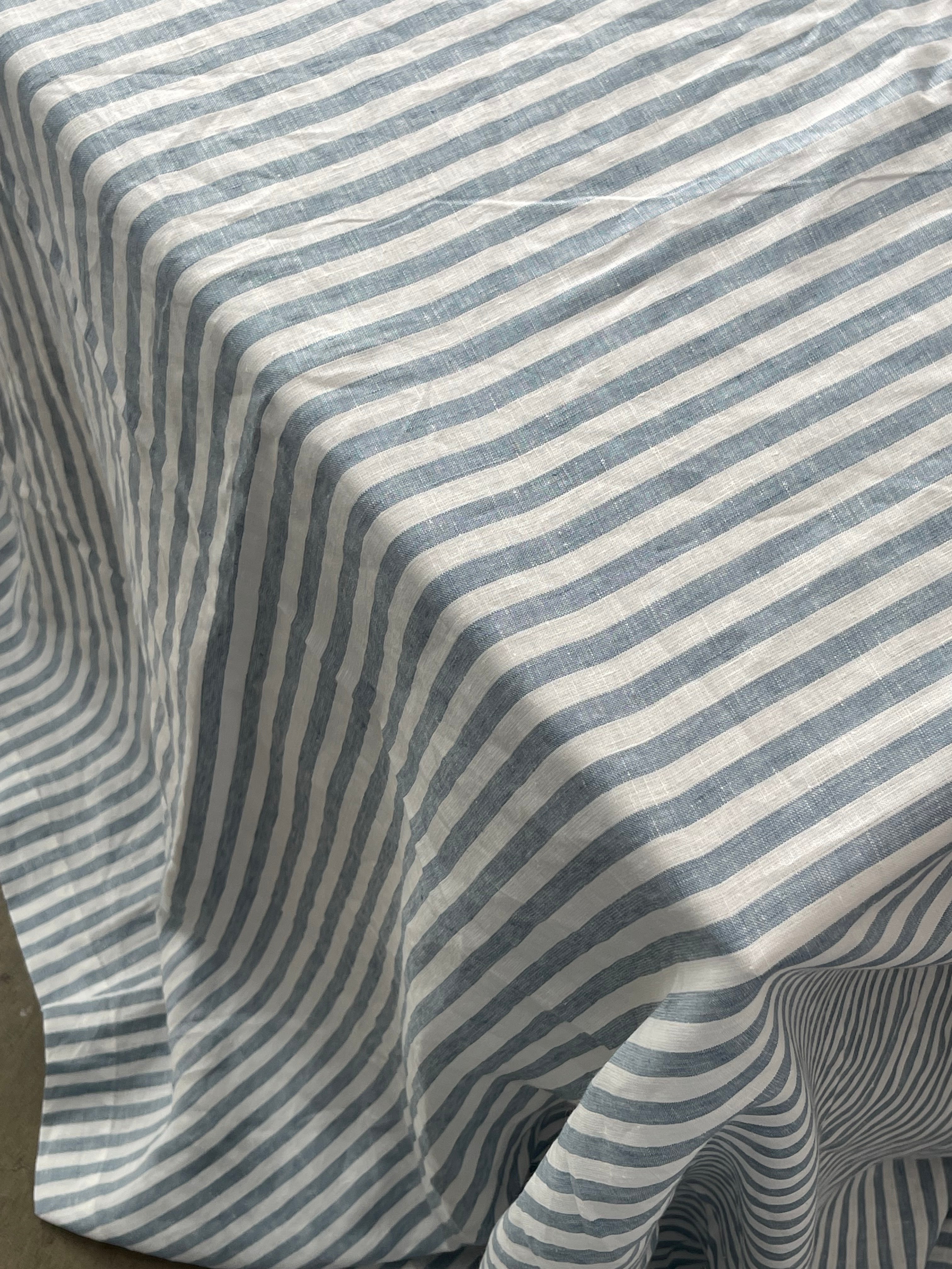 Pinstripe French Linen Tablecloth - Blue / White