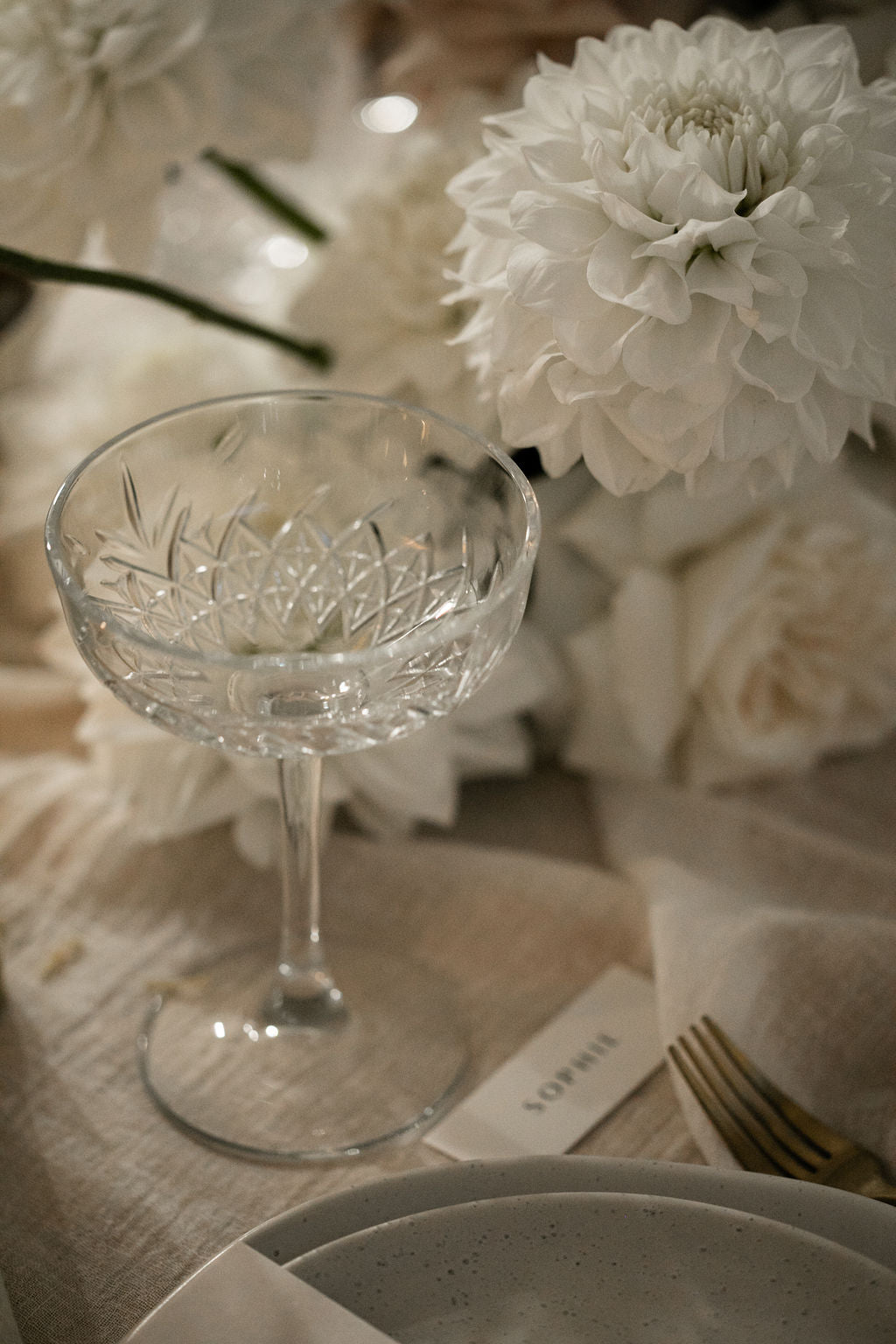 Champagne Coupe Cut Glass For Hire - For Love & Living Gold Coast Weddings & Events